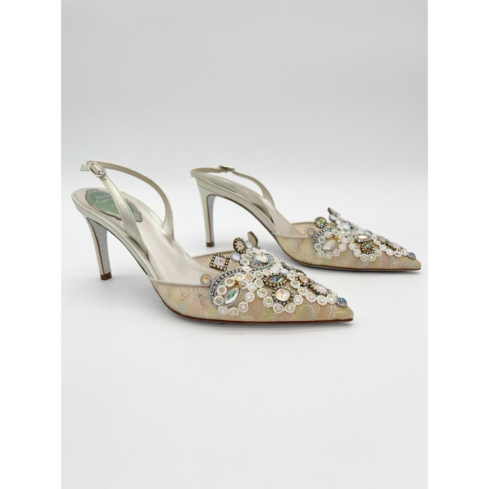 René Caovilla Veneziana Iridescent Shimmer Lace Crystal Slingback Heels IT 38 - Picture 3 of 16